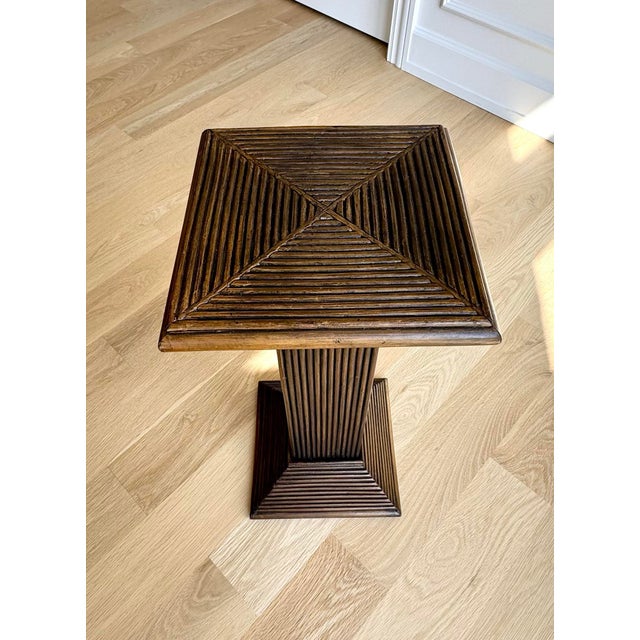 A striking vintage pedestal crafted from pencil-reed rattan applied over a sturdy wood structure. Dating to the 1970s, the...