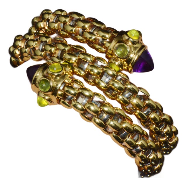 Rare Vintage Fope 18k Gold Double Wrap Twist Snake Bracelet With Amethyst & Peridot For Sale