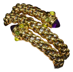 Rare Vintage Fope 18k Gold Double Wrap Twist Snake Bracelet With Amethyst & Peridot