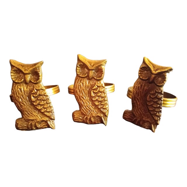 1980s Solid Brass Owl Figurine Napkin Rings- Set of 3 For Sale