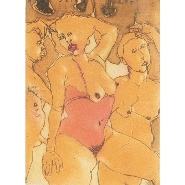 A 1993 etching by the German artist Kurt Mair (born 1954). This abstract work depicts a group of nude figures standing in...