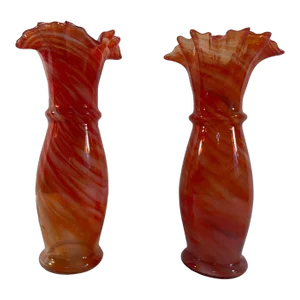 Mid 20th Century Handblown Ruffle Art Glass Vases - a Pair