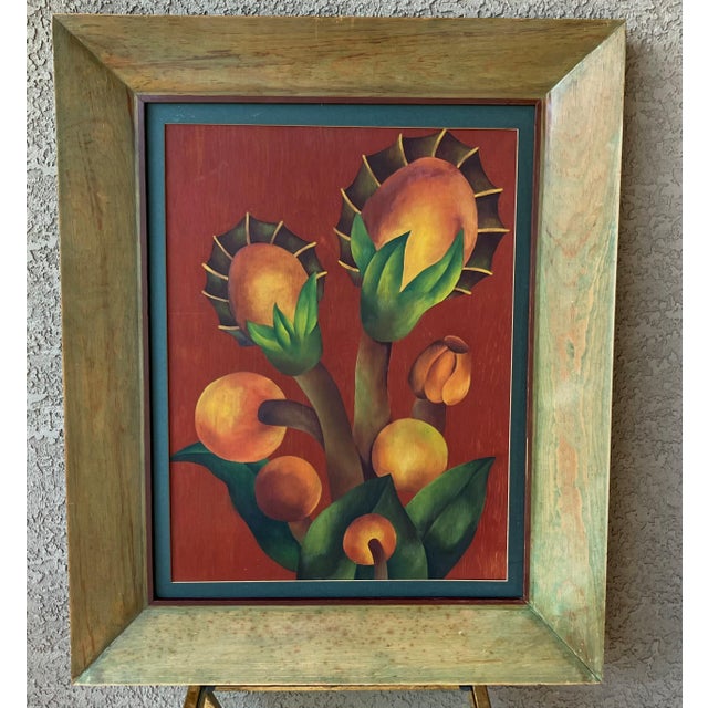 Mid 20th-Century Framed Oil on Board Stylized Botanical Painting For Sale - Image 16 of 18