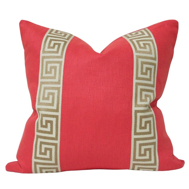 Contemporary Coral Linen With Greek Key Trim 17" Square Pillows With Feather Down Inserts - Pair For Sale - Image 3 of 3