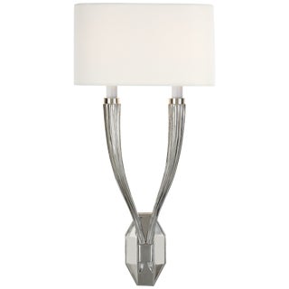 Chapman & Myers for Visual Comfort Signature Ruhlmann Double Sconce in Polished Nickel with Linen Shade For Sale