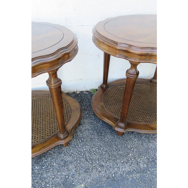 Wood Ethan Allen French Two Tiers Oval Caned End Side Tables a Pair For Sale - Image 7 of 12