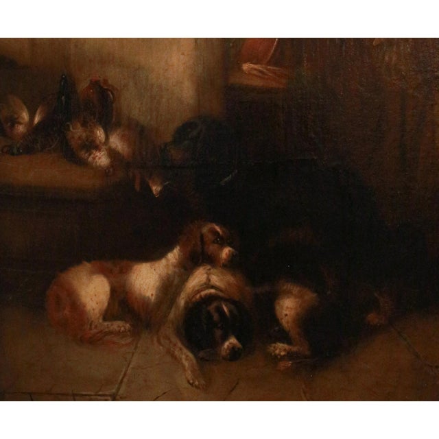 Oil on canvas painting of dogs asleep by George Armfield, mid-19th century. "Resting After a Successful Hunt", signed...