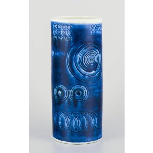 Olle Alberius for Rörstrand. "Sarek" ceramic vase in modernist design with circles. Blue glaze. Hand-painted. Mid-20th...