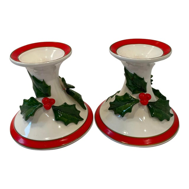 Vintage Fitz & Floyd Poinsettia Design Candle Holders - a Pair For Sale