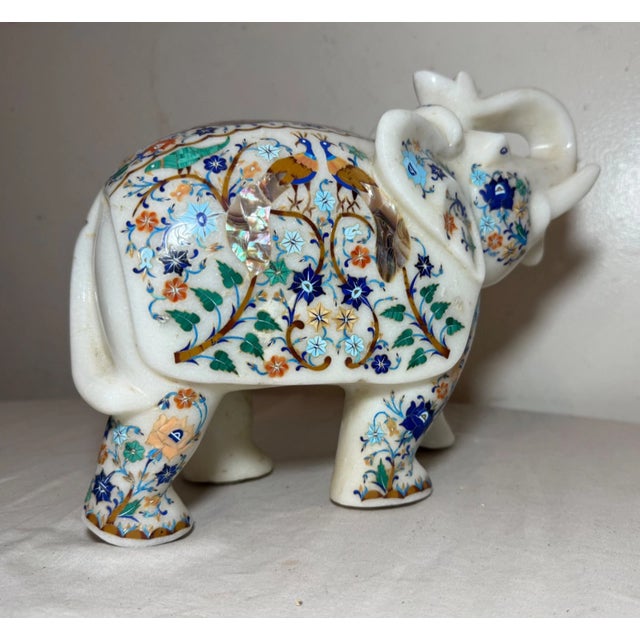 Large Vintage Inlaid White Marble Marquetry Stone Elephant Statue Sculpture 17Lbs For Sale - Image 4 of 17