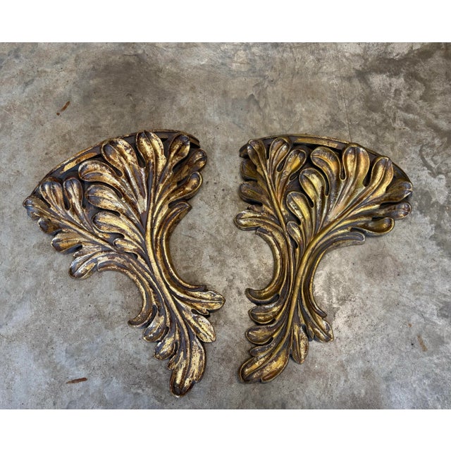 Late Twentieth Century Carved Wood Regency Rococo Style Over Sized Gilt Laurel Leaf Wall Shelves Sconces, a Pair For Sale - Image 6 of 6