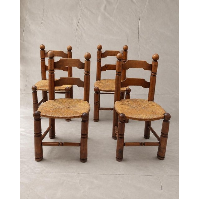 Wood French Oak and Rush Dining Chairs attributed to Charles Dudouyt, 1940s, Set of 4 For Sale - Image 7 of 10