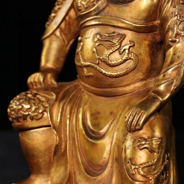 Vintage Gilt Brass Seated Guan Gong Statue, Chinese God of War & Wealth Decor Sculpture For Sale In Los Angeles - Image 6 of 9