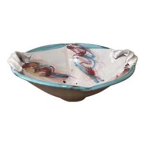 Mid 20th Century Artistic Pottery Large Terra Cotta Glazed Crackle Hand Painted Centerpiece Bowl, Signed
