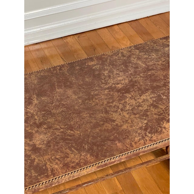 Brown Regency Scroll Iron Bench, Coffee Table, Faux Leather Trompe-l'Oeil Top, 1960s For Sale - Image 8 of 13