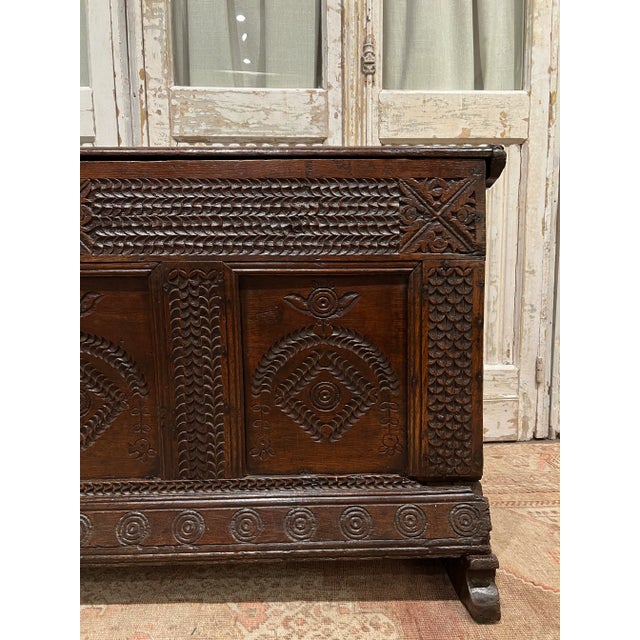 Mid 17th Century English Carved Oak Blanket Chest For Sale - Image 4 of 13