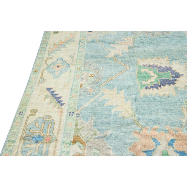 Modern Turkish Oushak Blue Handmade Floral Oversize Wool Rug For Sale - Image 4 of 11