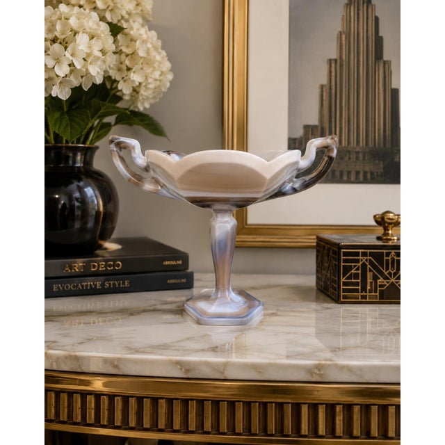A beautiful vintage 1970s Westmoreland slag glass compote featuring an elegant pedestal form and striking gray-and-white...