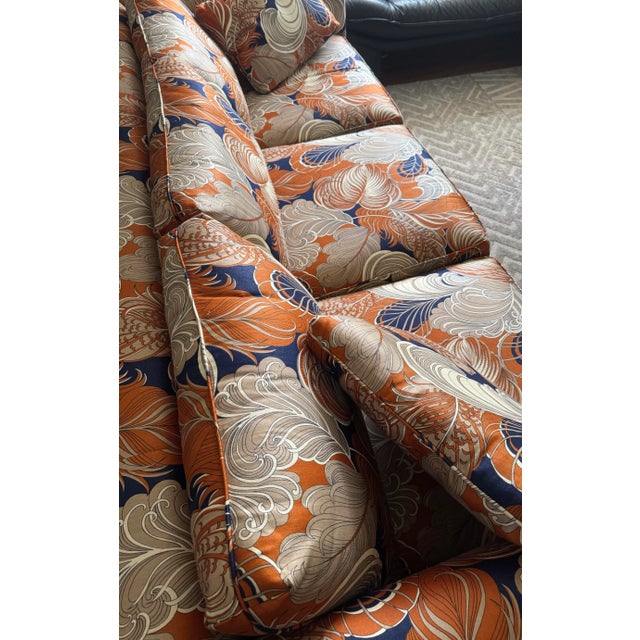 Late 20th Century Late 20th Century Custom Three-Seat Sofa in Terracotta and Indigo Art Deco Revival Pattern For Sale - Image 5 of 12