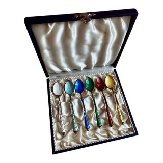 Vintage Ela Denmark Gilt Sterling & Enamel Demitasse Spoons With Case- Set of 6 For Sale