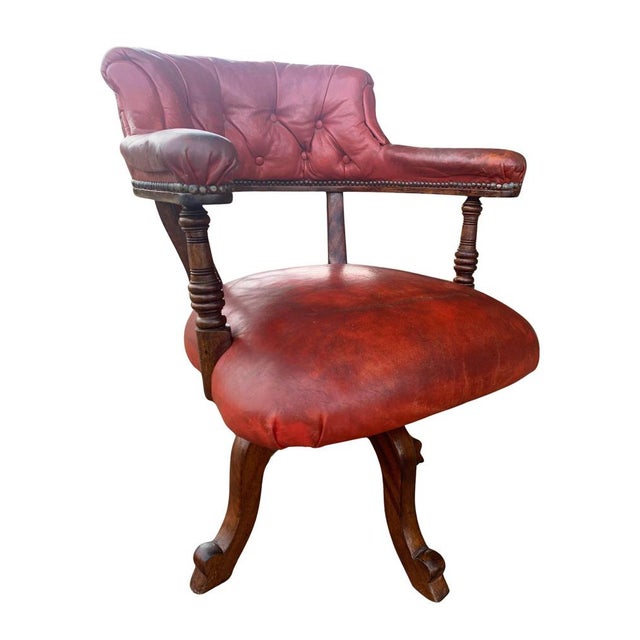 Brown Victorian Mahogany Deep Cushioned Red Leather Buttonback Revolving Desk Chair, 1890s For Sale - Image 8 of 10