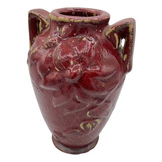 1960s Red Art Pottery Vase With Dual Handles & Sculpted Floral Relief For Sale