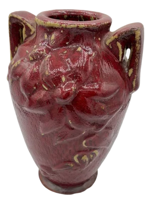1960s Red Art Pottery Vase With Dual Handles & Sculpted Floral Relief