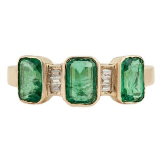 Natural Zambian Emerald Three Stone Ring With Diamond Accents in 14k Gold Size 5.5 For Sale