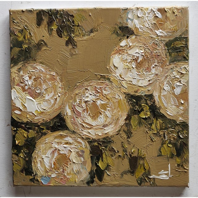 An impressionist oil painting of white roses, by UK based artist Vivek Mandalia. Frame and hang in your home. 30 x 30 cm...