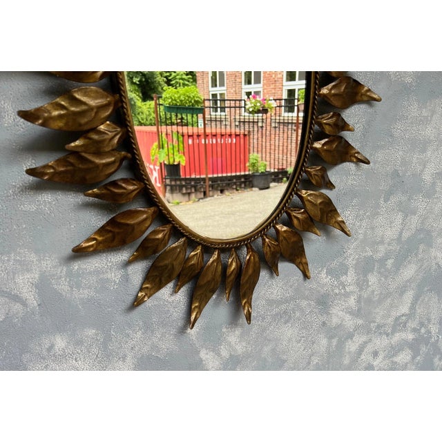 Gold Spanish Oval Gilt Metal Sunburst Mirror With Alternating Leaves For Sale - Image 8 of 13
