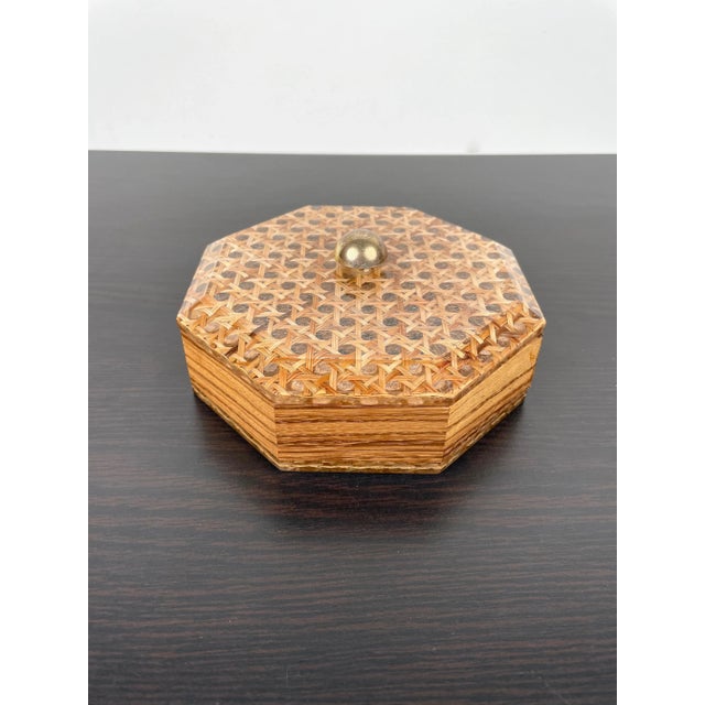 Acrylic Wicker Wood & Brass Octagonal Box by Christian Dior, France, 1970s For Sale - Image 3 of 10