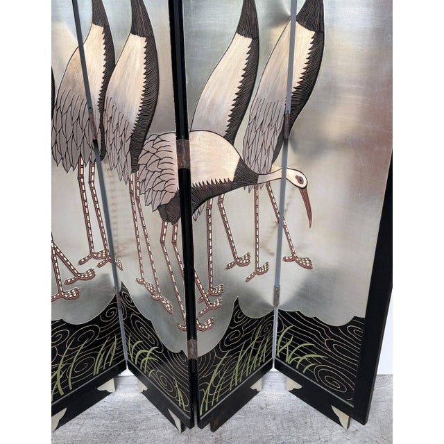 Art Deco Style Six-Panel Silver Leaf Crane Screen, Hong Kong, Circa 1980 For Sale - Image 17 of 18