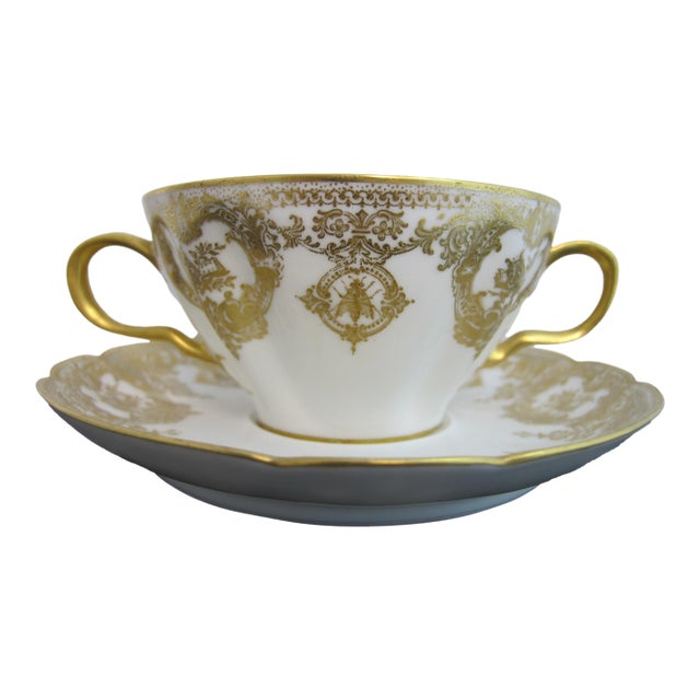 Late 19th Century Haviland Limoges Rococo Style Insect Floral Scroll Porcelain Soup Cup & Saucer For Sale