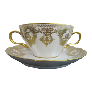 Late 19th Century Haviland Limoges Rococo Style Insect Floral Scroll Porcelain Soup Cup & Saucer