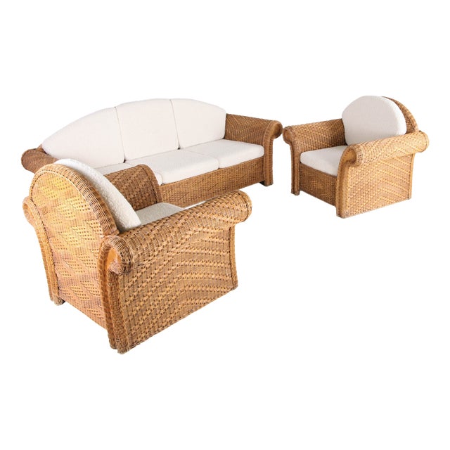 Wicker Rattan Lounge Set, 1970s, Set of 3 For Sale
