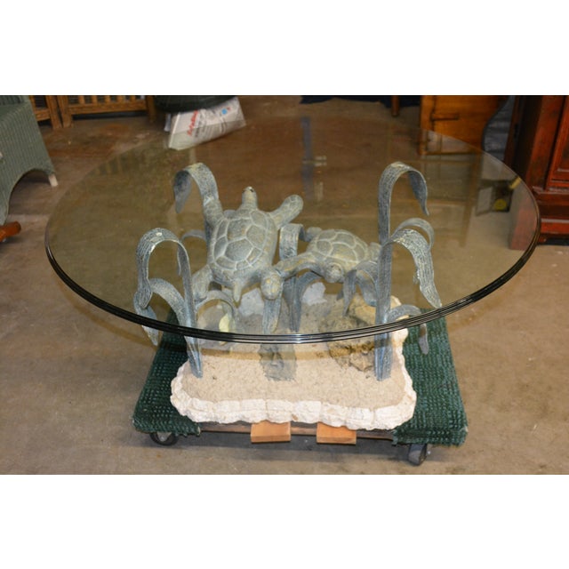 VTG Metal / 'Bronze' Aqua Patina Sea Turtles Ocean Round Glass Coffee Table For Sale - Image 18 of 18