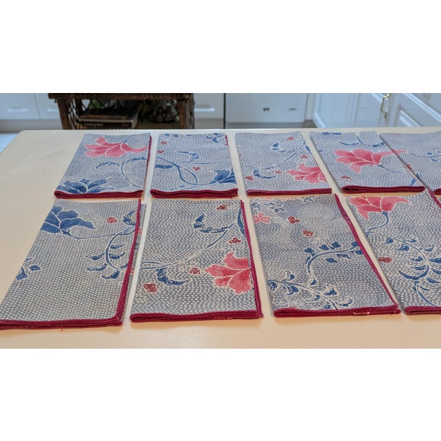 Vintage China Seas Quadrille Designer Fabric Napkins Set of 11 | Chinoiserie Blue Pink Floral | 18x18 | to-the-Trade Luxury Textile For Sale - Image 10 of 11