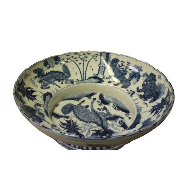 Chinese Blue White Round Porcelain Kirin Graphic Bowl Deep Plate For Sale - Image 4 of 6