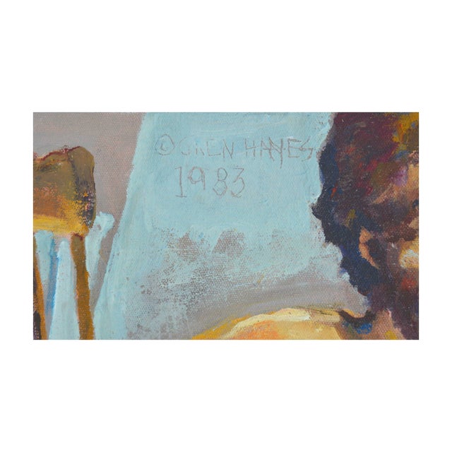 Bay Area School figurative of a cowboy and hats by Berkeley artist Patricia Gren Hayes (American, b- 1932), circa 1983....