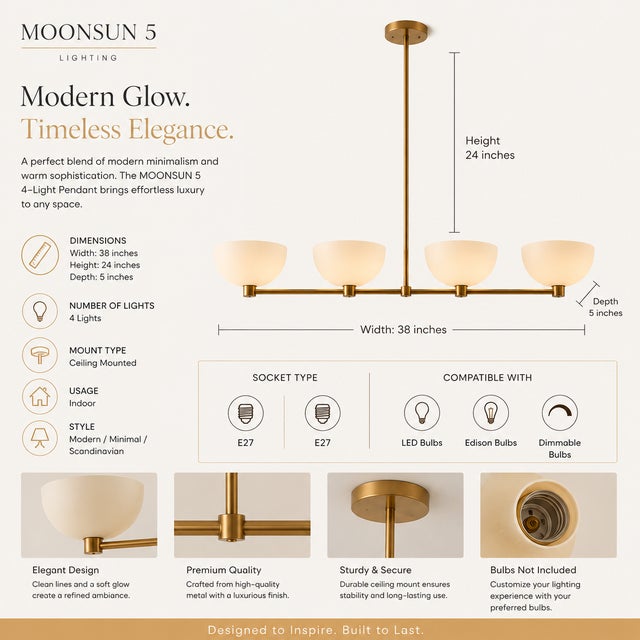 Modern Linear Chandelier 4 Light, Matte Off White Dome Pendant Light Brass Dining Room Fixture, Kitchen Island Lighting, Minimalist Light For Sale - Image 4 of 13