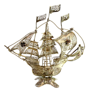 Silver Filigree Caravel with Flags and Portuguese Symbols