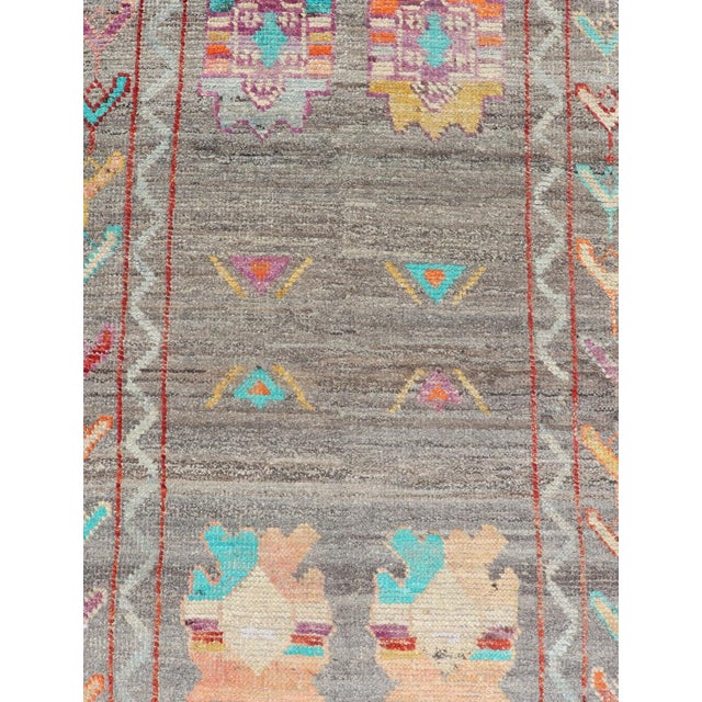 Textile Modern Runner With Tribal Motifs in Warm Gray Background and Vivid Multi Colors For Sale - Image 7 of 7