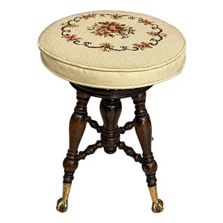 Vintage Wool Needlepoint Embroidery Floral Decor Piano Stool Claw Feet For Sale