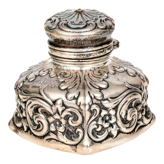 19th Century Antique Whiting Fine Sterling Silver Clad Rococò Style Inkwell For Sale