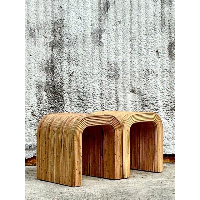 Vintage Coastal Pencil Reed Waterfall Side Table - a Pair For Sale - Image 4 of 10