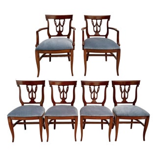 Set of 6 Neoclassical Dining Chairs With Carved Swag Backs, Blue Velvet Upholstery For Sale