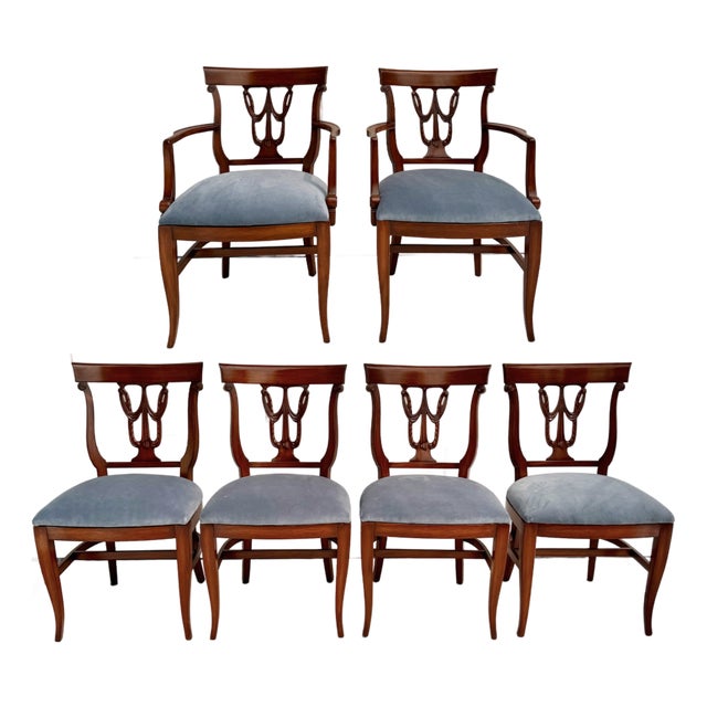 Set of 6 Neoclassical Dining Chairs With Carved Swag Backs, Blue Velvet Upholstery For Sale