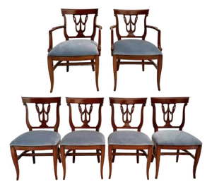 Set of 6 Neoclassical Dining Chairs With Carved Swag Backs, Blue Velvet Upholstery