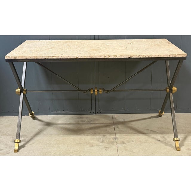 Maison Jansen Iron & Brass Coquina Stone Console Table, France, circa 1970s A substantial and elegantly proportioned...