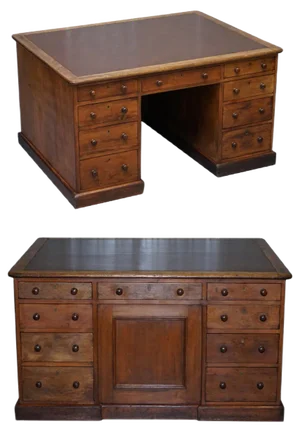 Antique Victorian English Double Sided Twin Pedestal Kneehole Desk in Oak with 18 Drawers